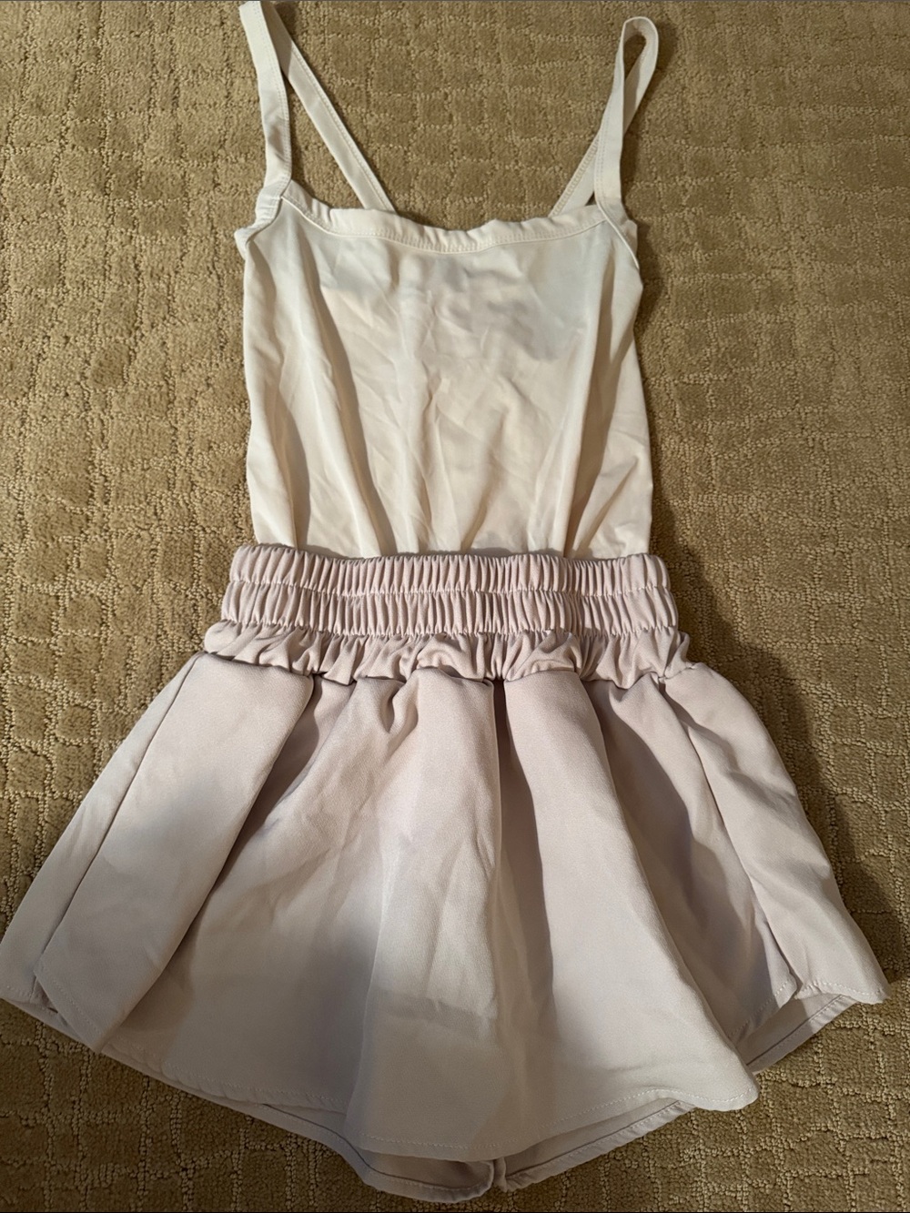 Beige/Light Tan Romper with Skort and Criss Cross Back